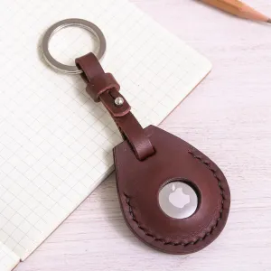 Artisan Crafted Genuine Leather Air Tag Holder with Keyring - Smart Security in Brown | NOVICA