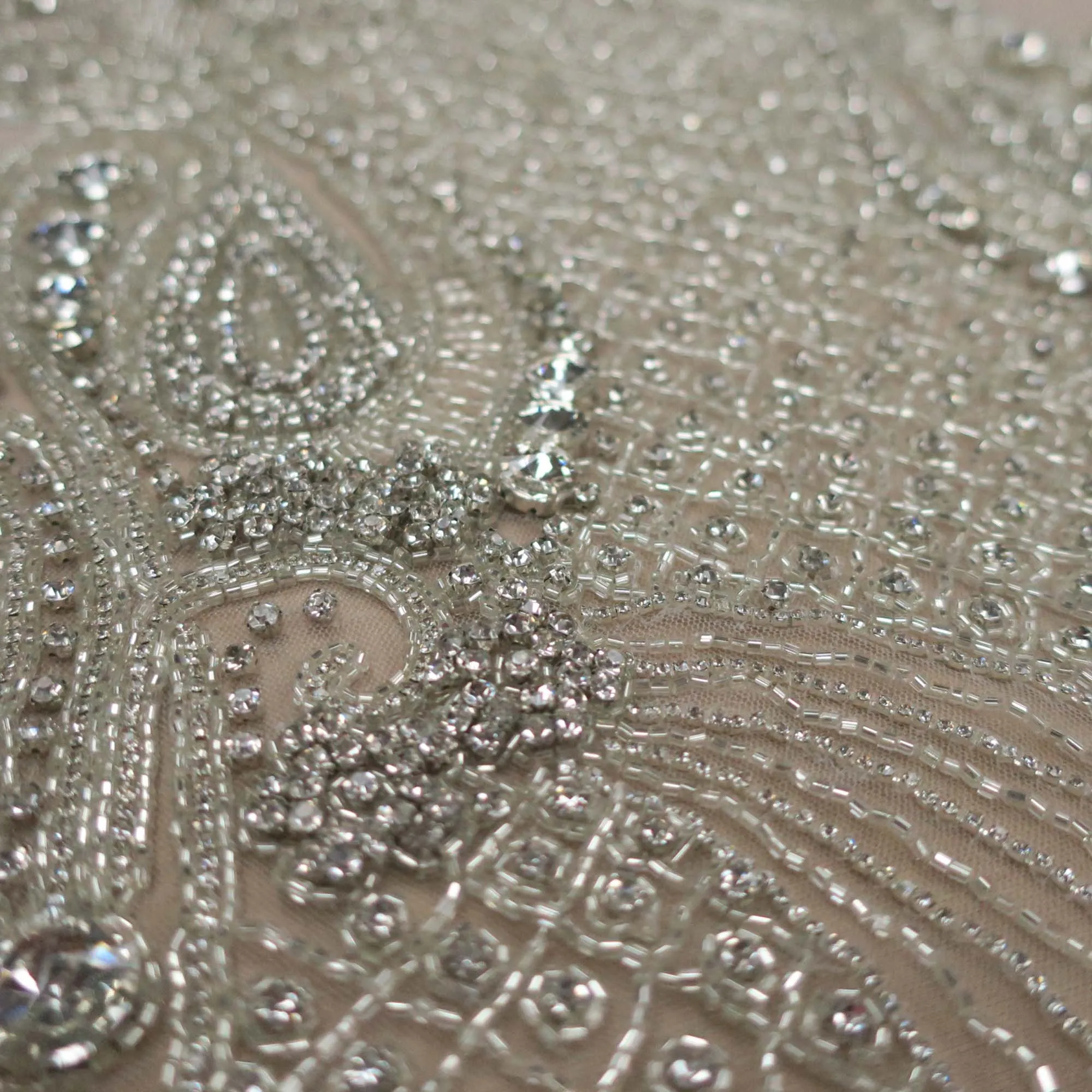 Clear Bugle Beads Abstract Embroidered Tulle Fabric