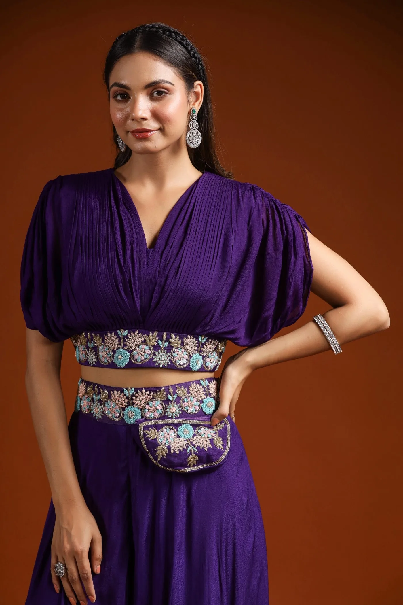 Deep Purple Embroidered Crop Top with Palazzo Set