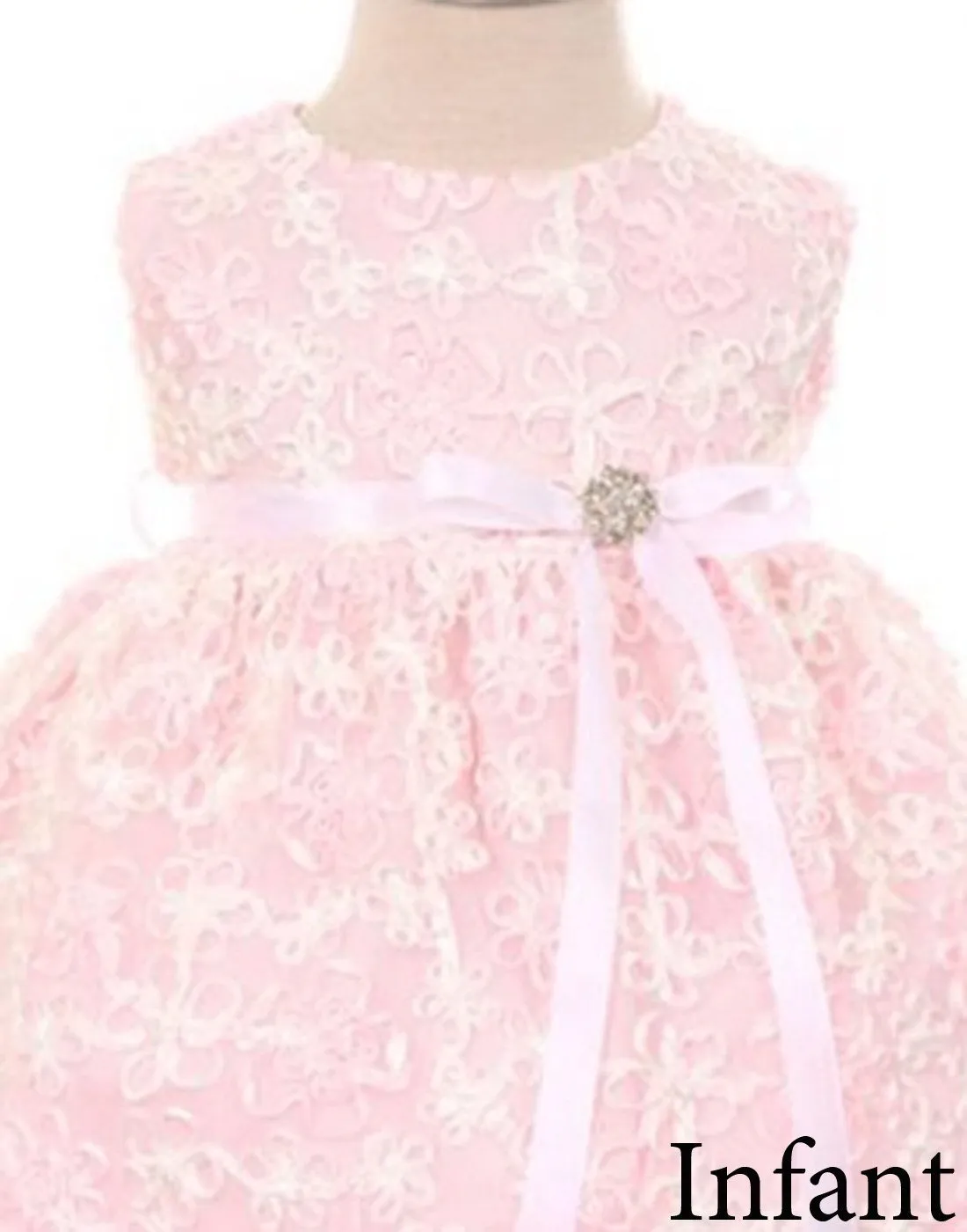 Floral Embroidered Lace dress with a Rhinestone Brooch - Pink