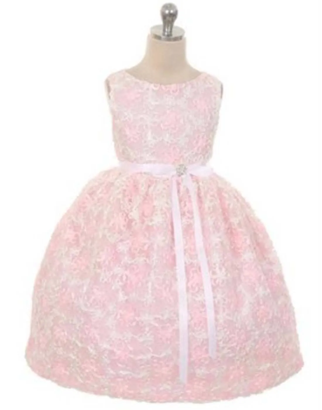 Floral Embroidered Lace dress with a Rhinestone Brooch - Pink