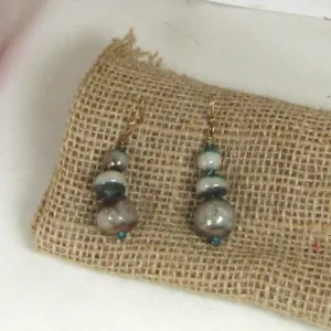 Ivory and Gold Artisan Handmade Drop Earrings in Raku Beade