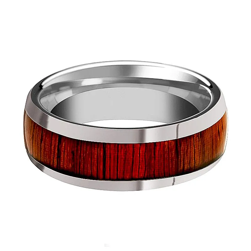 MUKWA | Silver Tungsten Ring, Padauk Wood Inlay, Domed