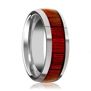 MUKWA | Silver Tungsten Ring, Padauk Wood Inlay, Domed