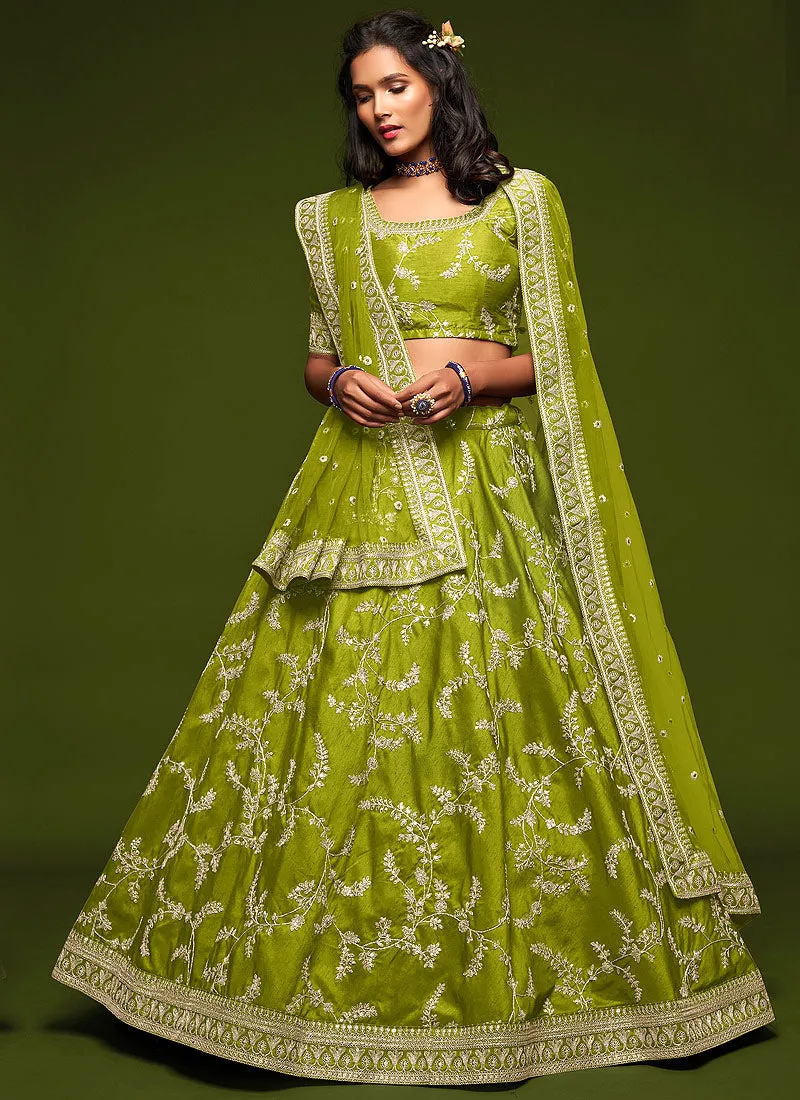 Neon Green Zari Embroidered Silk Lehenga Choli