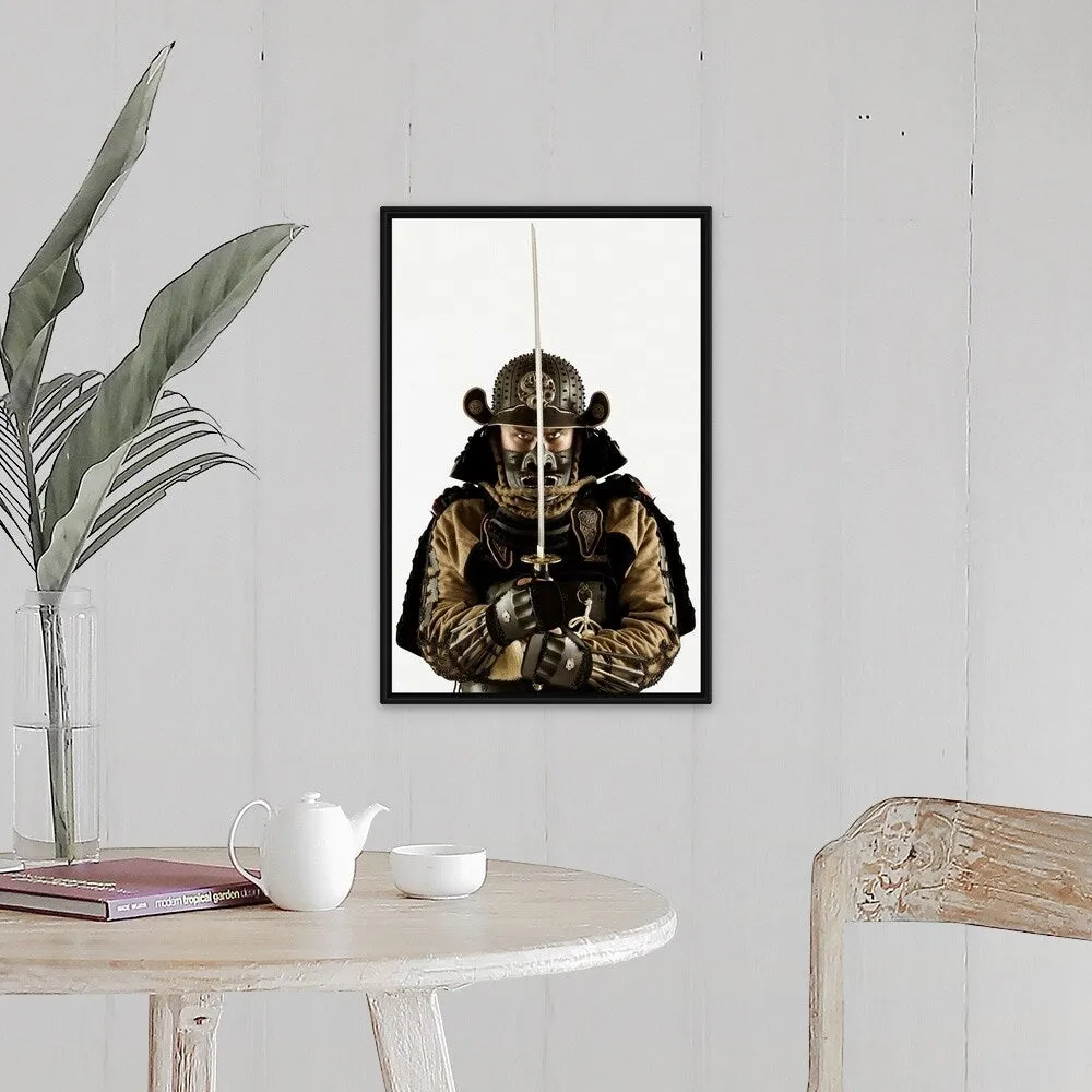 "Asian man wearing samurai armor" Black Float Frame Canvas Art