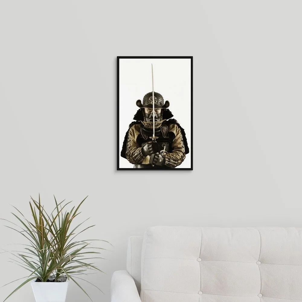 "Asian man wearing samurai armor" Black Float Frame Canvas Art