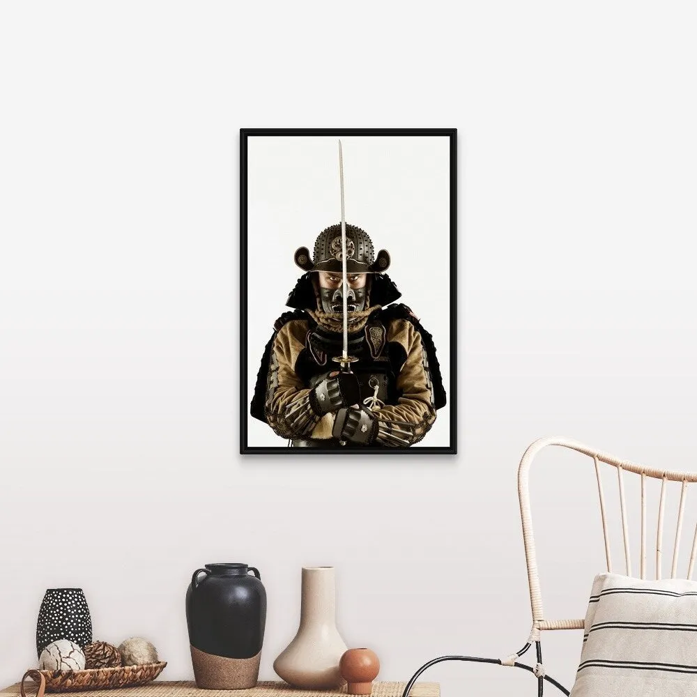 "Asian man wearing samurai armor" Black Float Frame Canvas Art