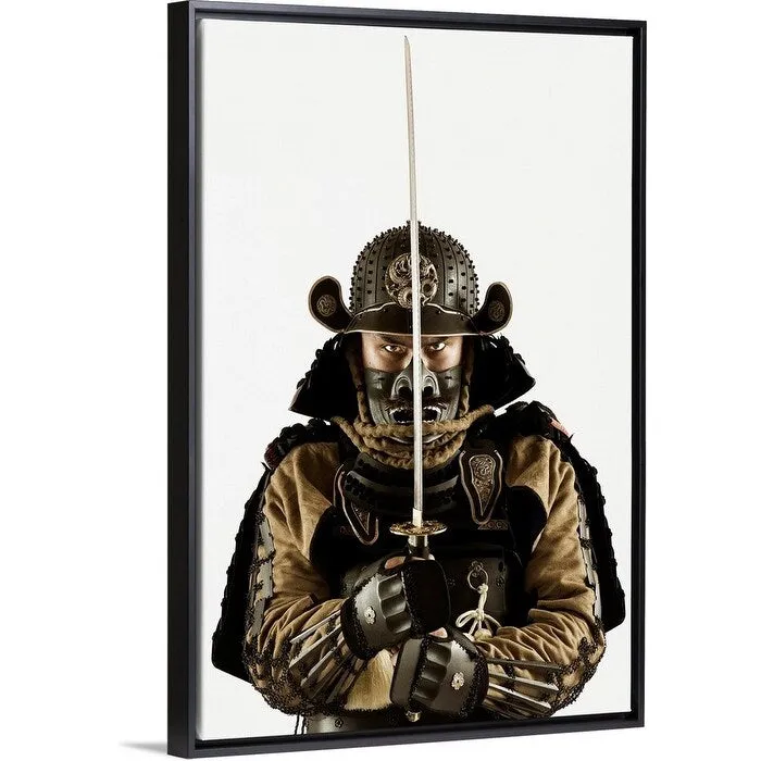 "Asian man wearing samurai armor" Black Float Frame Canvas Art