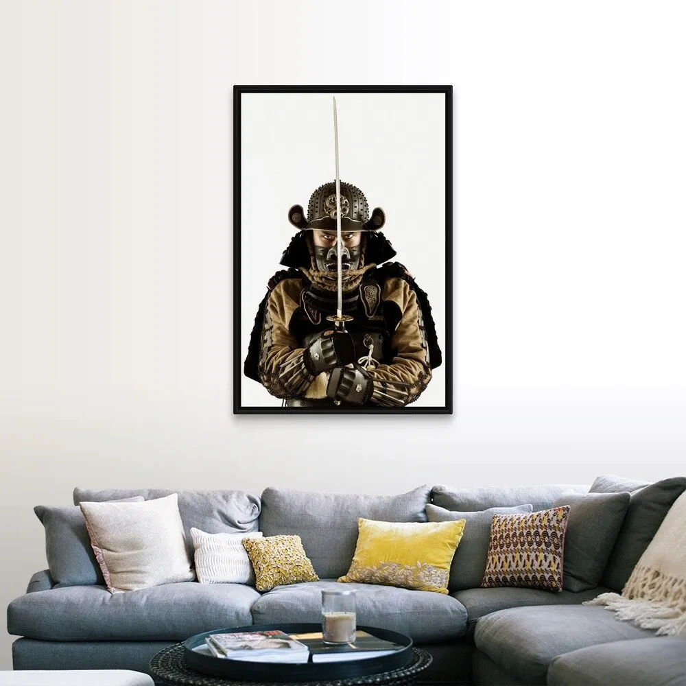 "Asian man wearing samurai armor" Black Float Frame Canvas Art