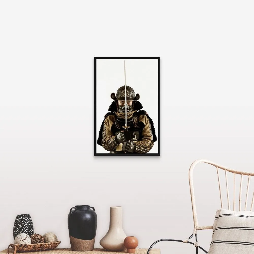 "Asian man wearing samurai armor" Black Float Frame Canvas Art