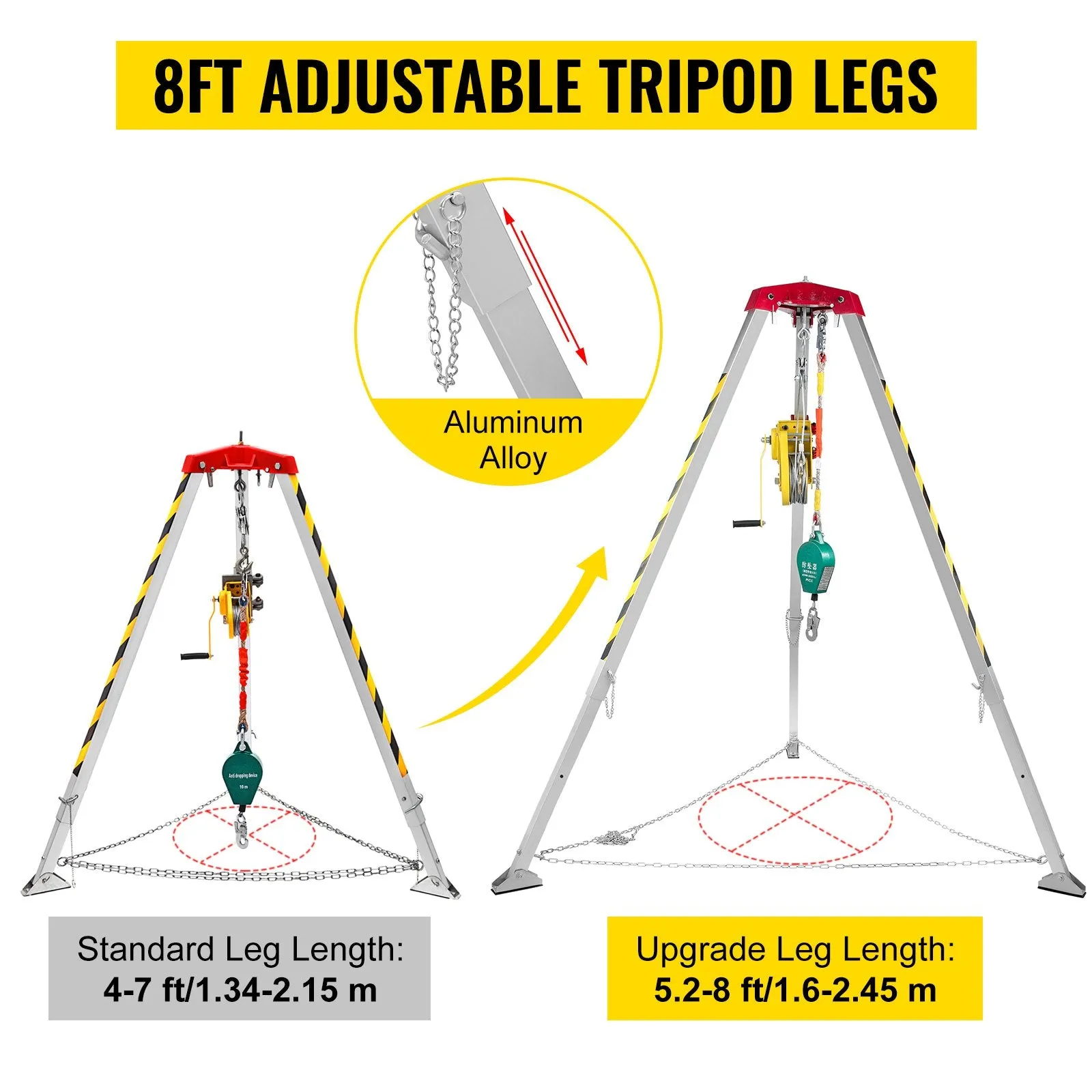 Vevor Confined Space Tripod Kit 1200 Lbs Winch Manual Handle 8' Adjustable Legs 98' Cable 32.8' Fall Protection New