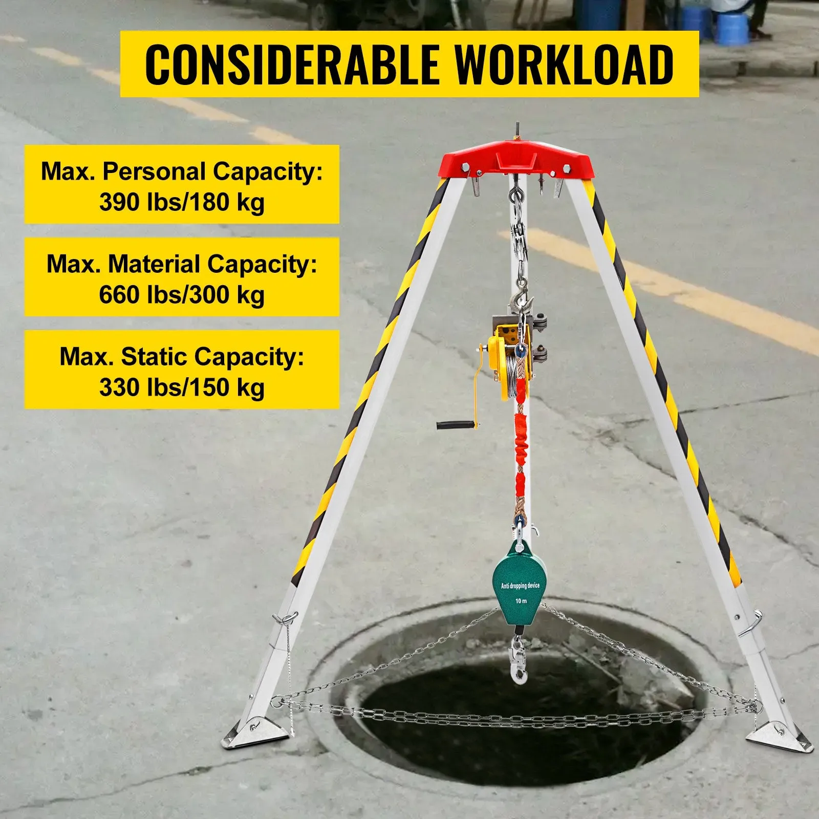 Vevor Confined Space Tripod Kit 1200 Lbs Winch Manual Handle 8' Adjustable Legs 98' Cable 32.8' Fall Protection New